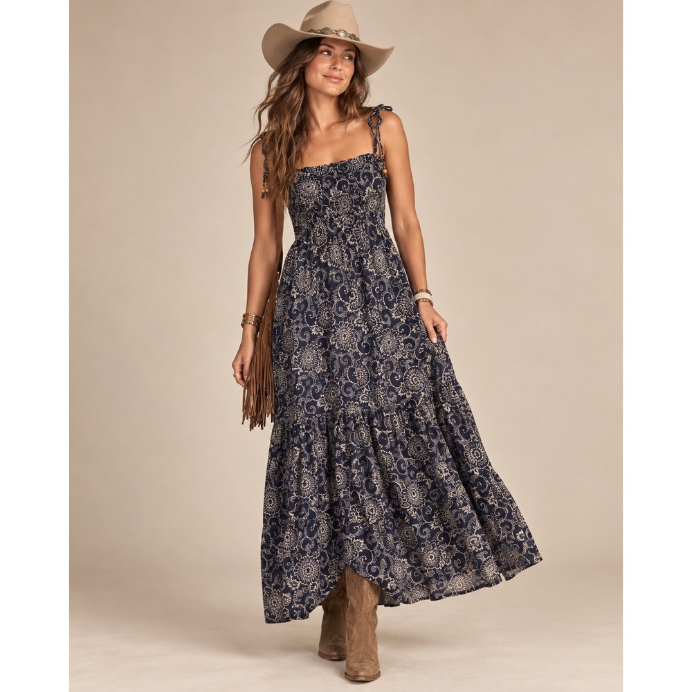 Boho Navy Blue Floral Smocked Tiered Cotton Maxi Dress Vacation Beach smll